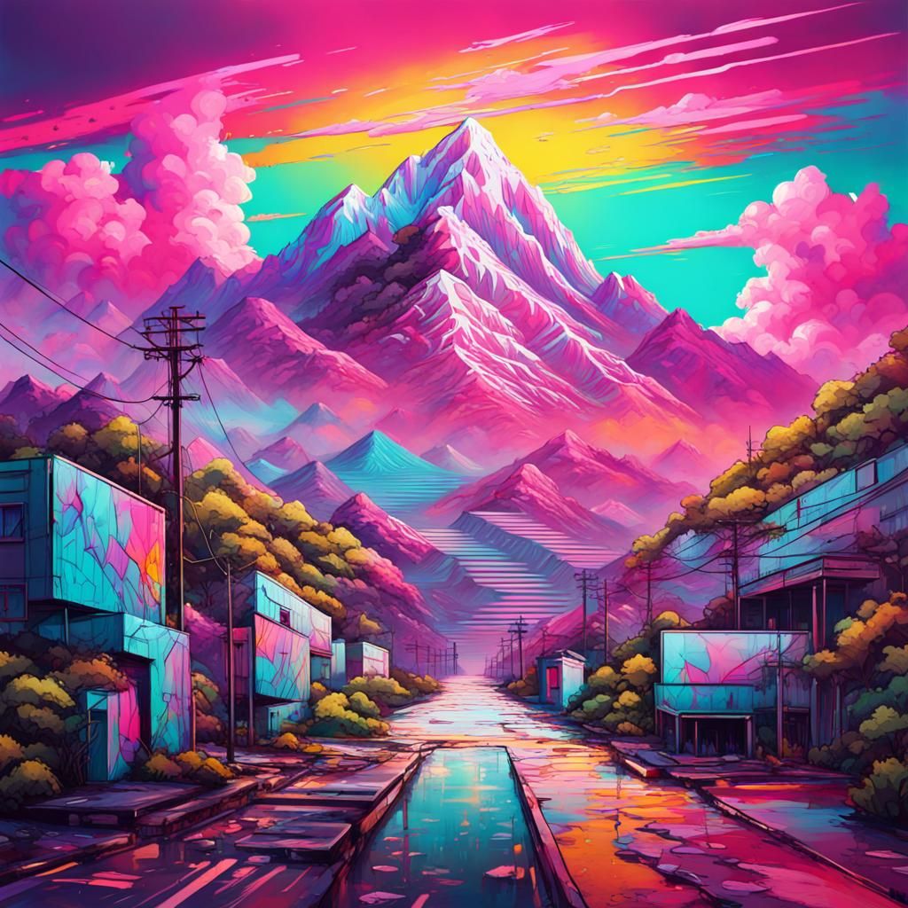 A Vaporwave Inspired Mountain Scene  by @Pigfarmer Jr