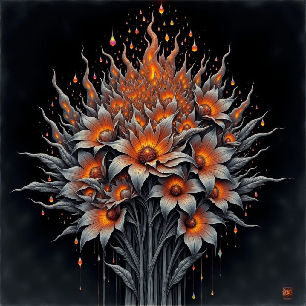 an ink sketch of flowers in flames, darkness, tears gleaming iridescent <lora:Beautiful Darkness:1.0>