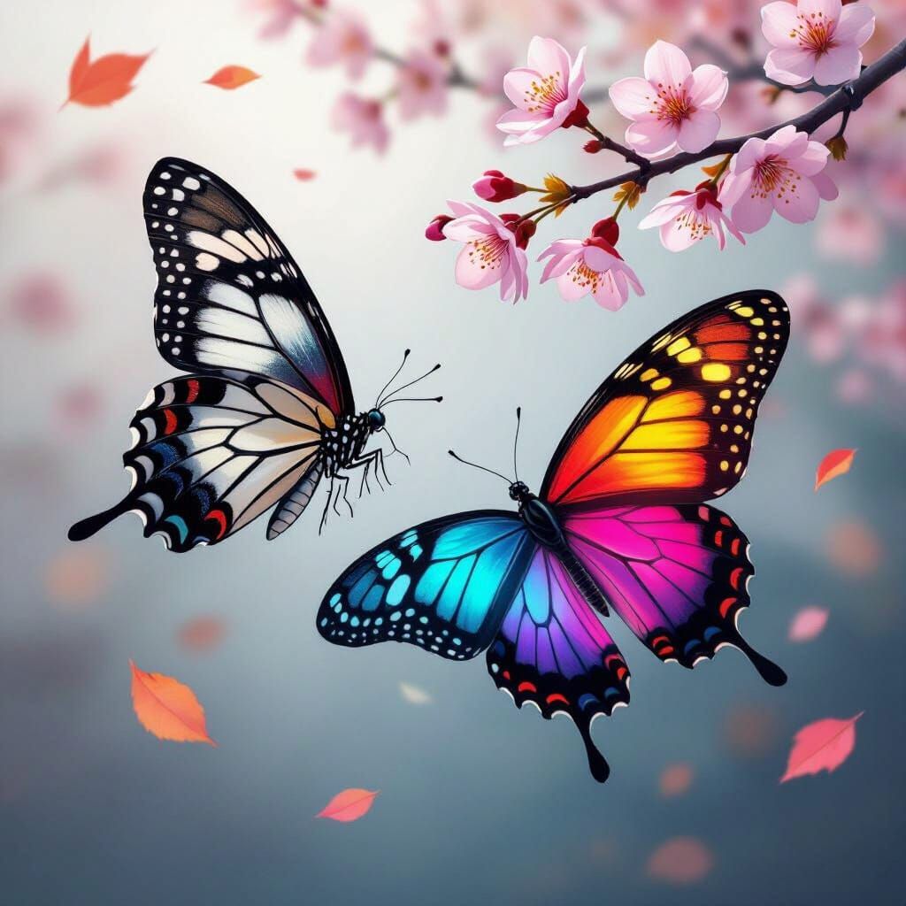 A butterfly that has 1 black and white wing and 1 wing that has neon colours. This is the same butterfly.It is taking flight off a branch of a cherry blossom tree in a...
