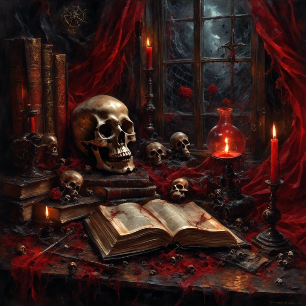 <lora:Other side of holy:1.0> books and skulls still life, detailed in brown leather and black and red, gothic dark macabre, pentacle on cov...
