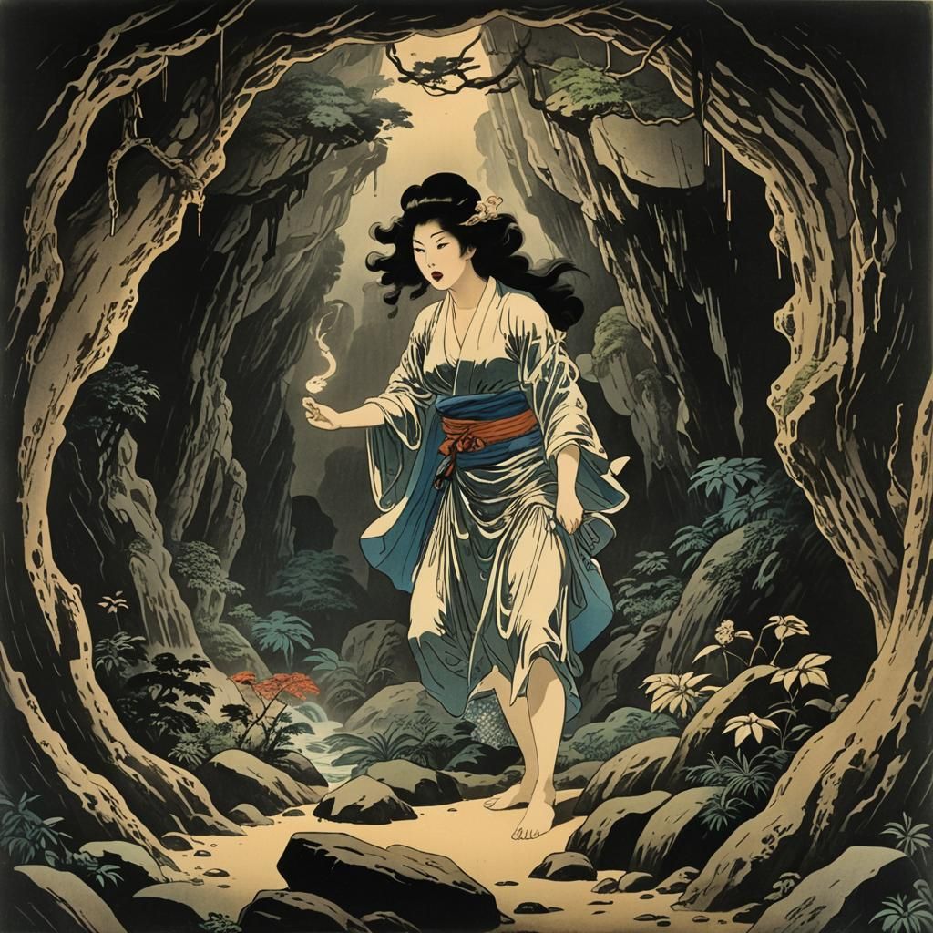 Cavewoman Cave Whimsical dynamic lighting Pictorialism Utaga...