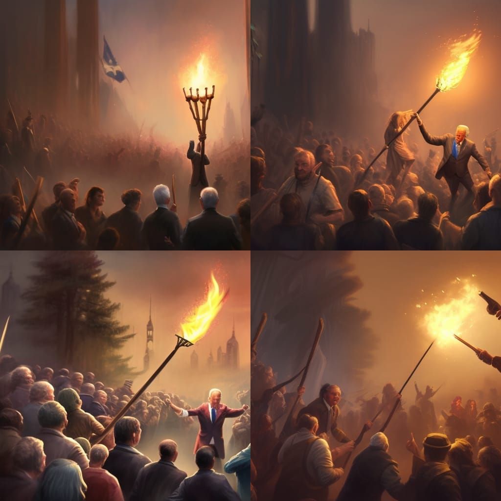 President Joe Biden getting attacked by an angry mob of people with pitchforks and torches. AI
