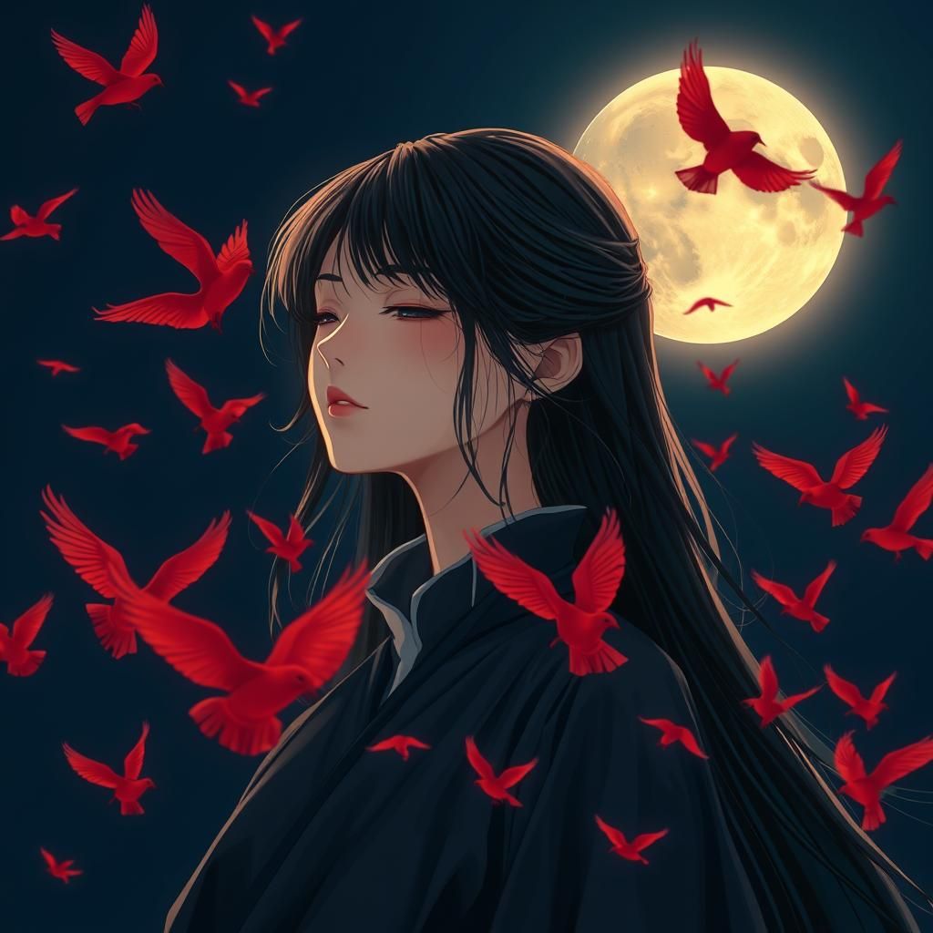 Glowing crescent moon, surrounded by red birds  by @onelisa