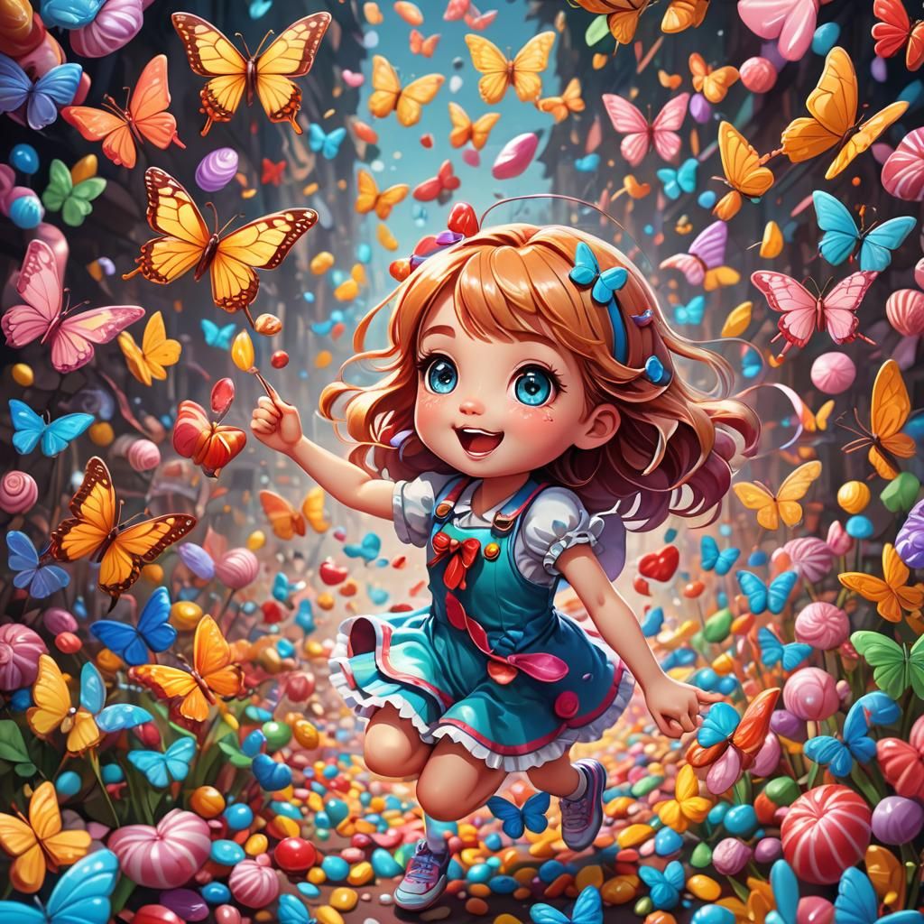 Chibi cute girl chasing butterflies