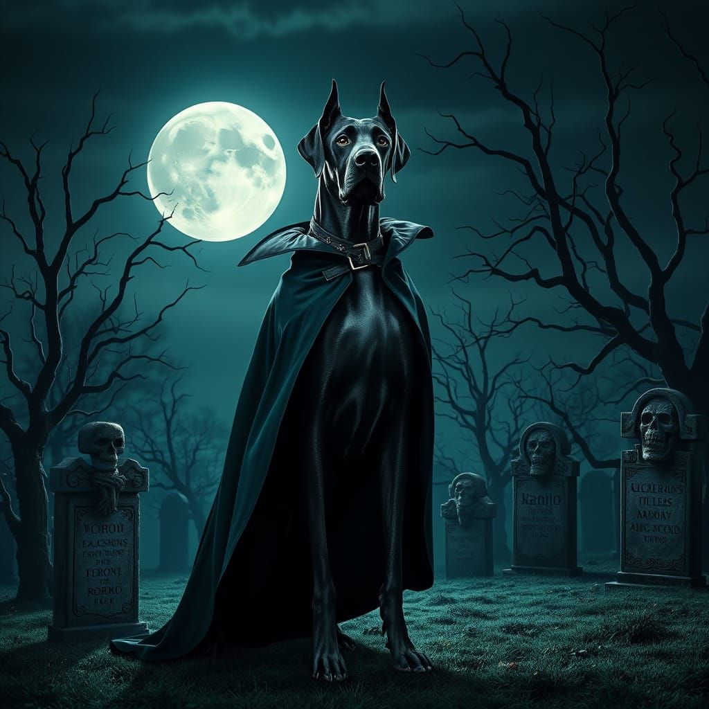 Elegant Great Dane Vampire in Moonlit Graveyard