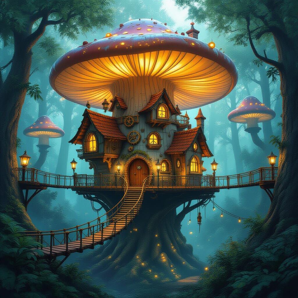 A whimsical treehouse village nestled within the canopy of a giant, luminous mushroom forest. Houses are crafted from polished wood and bras...
