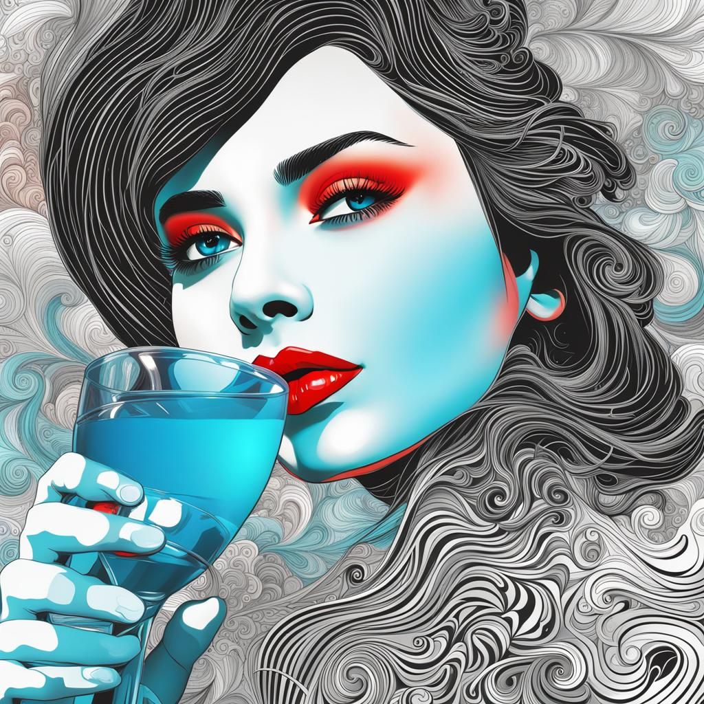 Young hot black haired woman  with red lips and {big light b...