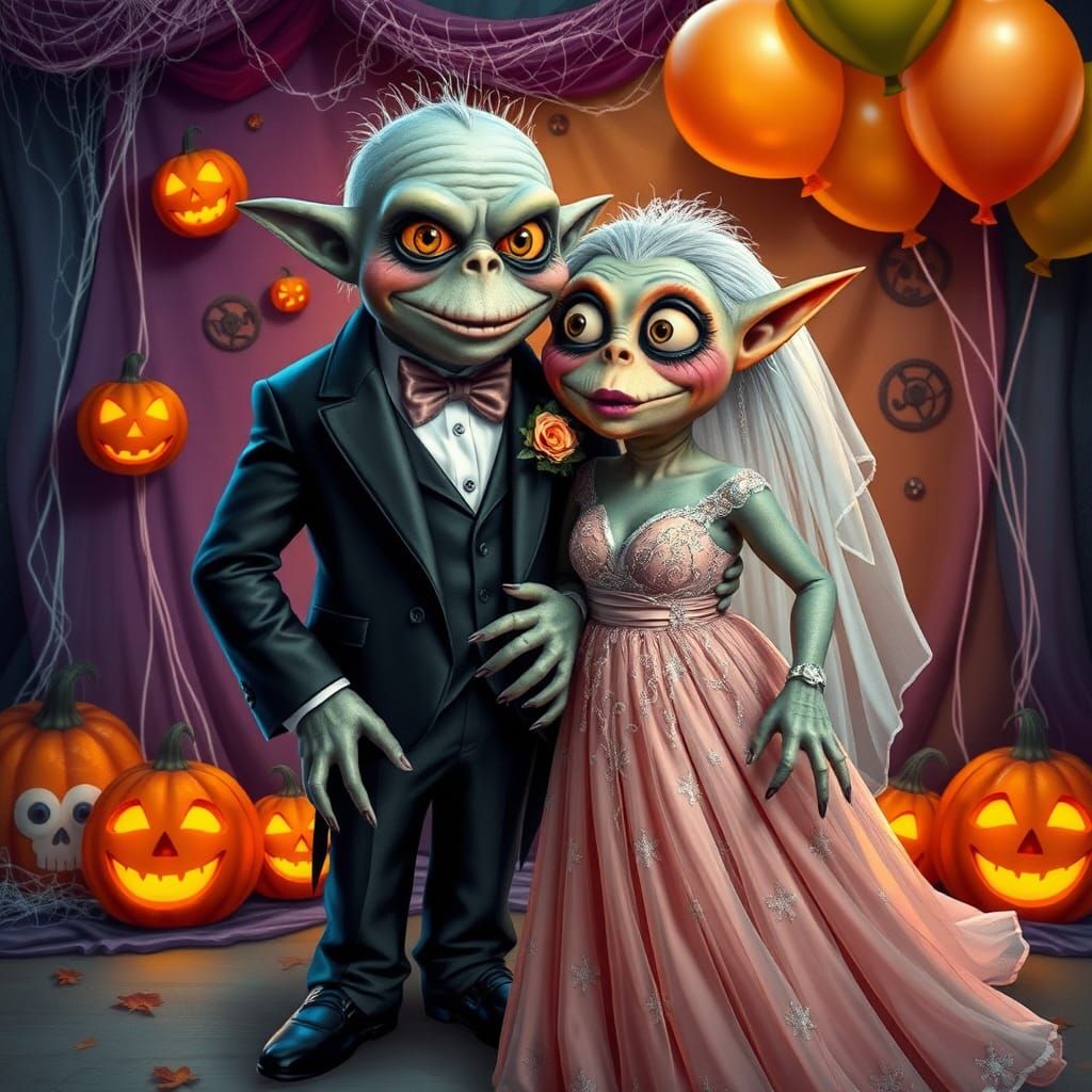 two Monsters posing for a "prom photo" in a tux and a prom d...