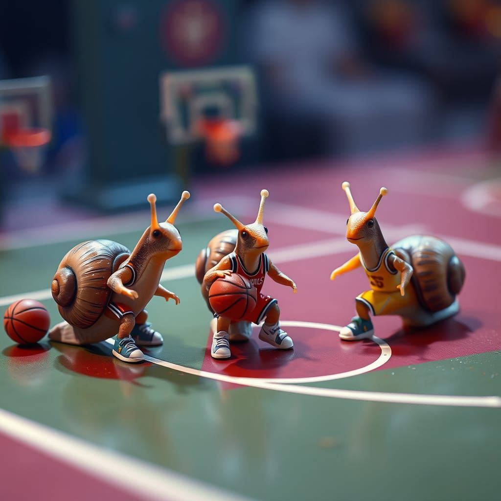 A group of snails playing three on three basketball  by @Chet