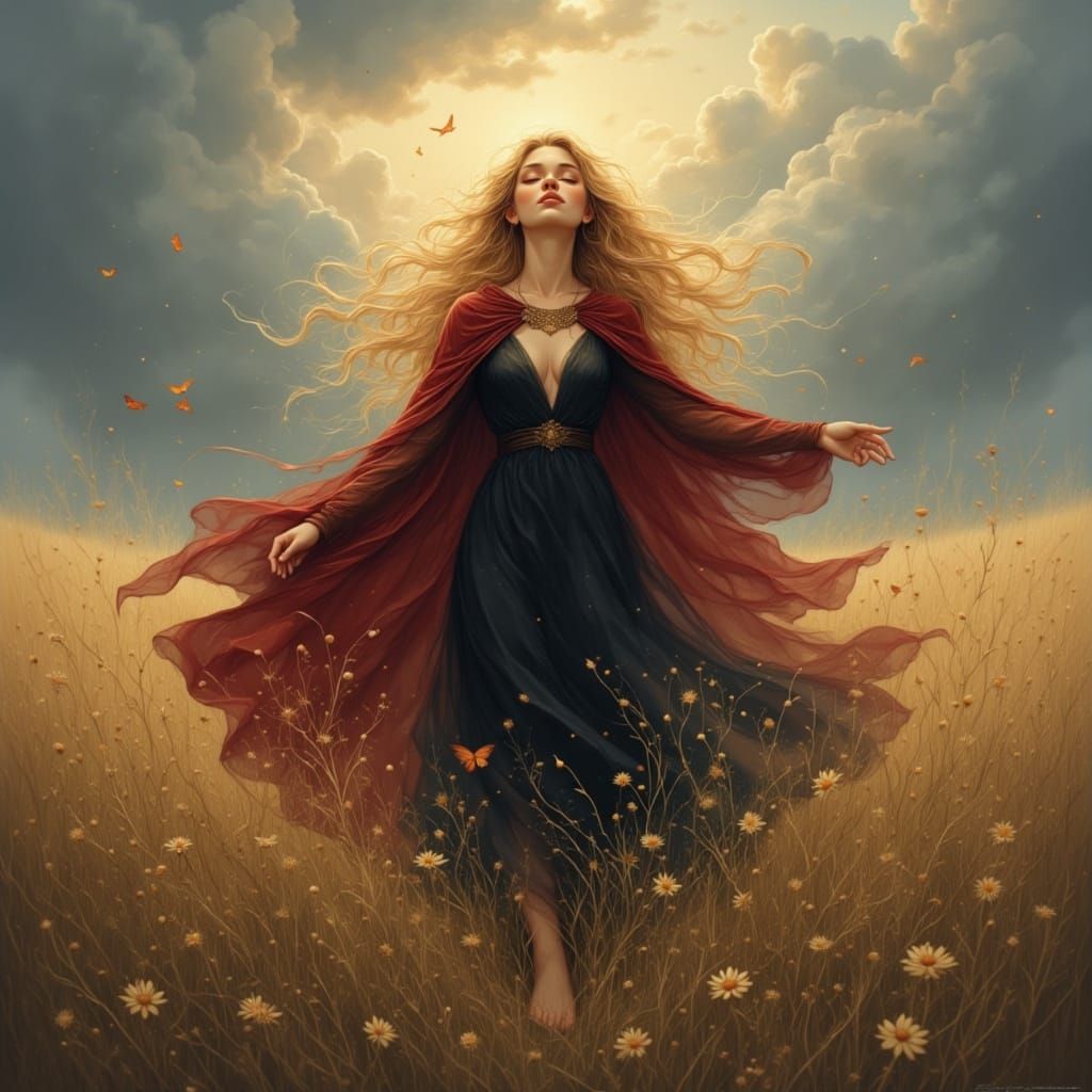 Barefoot Woman Dances in Stormy Meadow