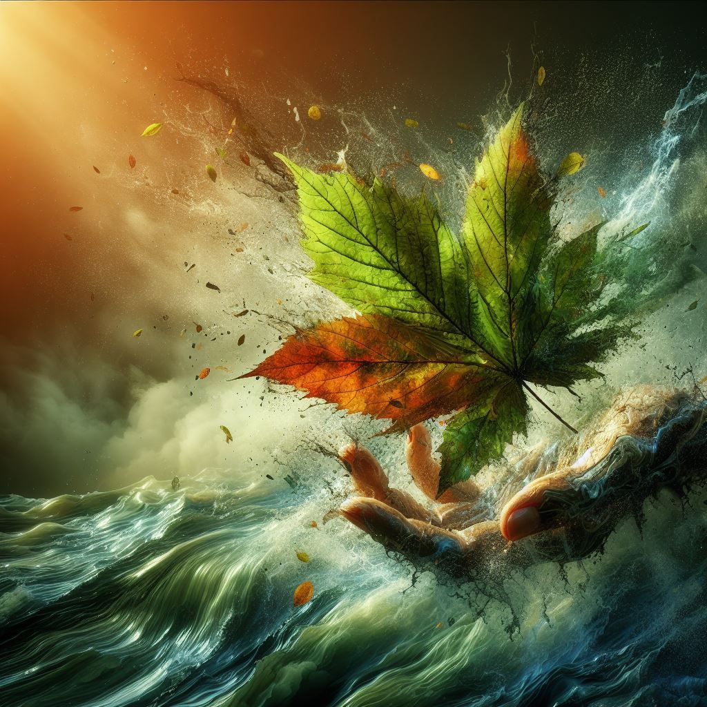 Carried away by the autumn breeze, a verdant leaf.