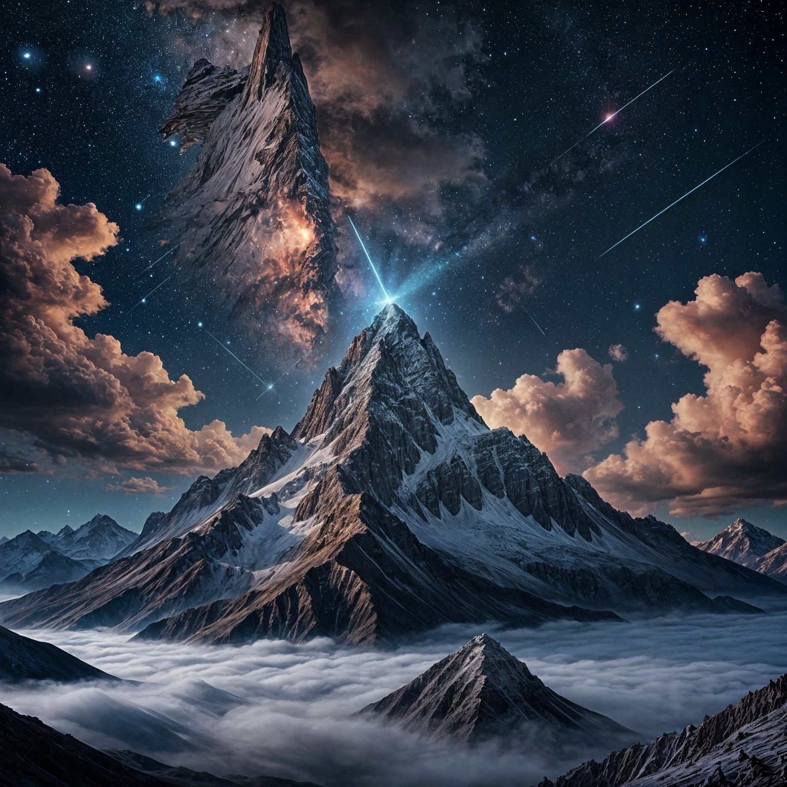 Surreal digital art. A lone mountain peak piercing through a sea of clouds, directly beneath a crystal-clear night sky revealing an impossib...