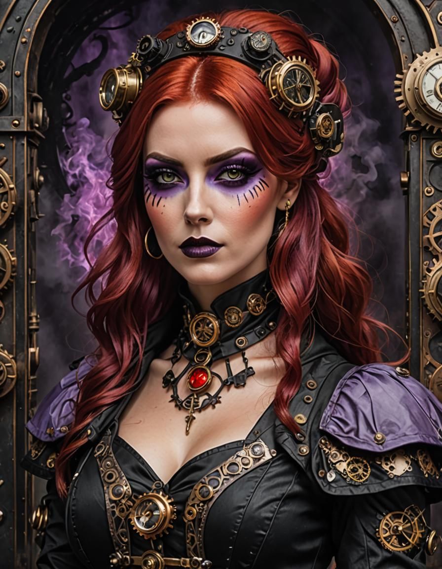 full-length neon steampunk portrait of gorgeous woman with r...