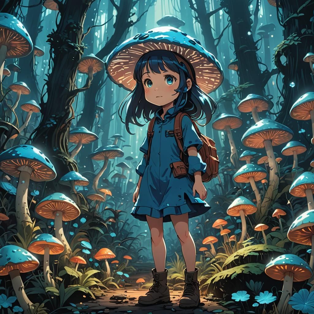 Lost child girl in a bioluminescent blue mysterious mushroom...