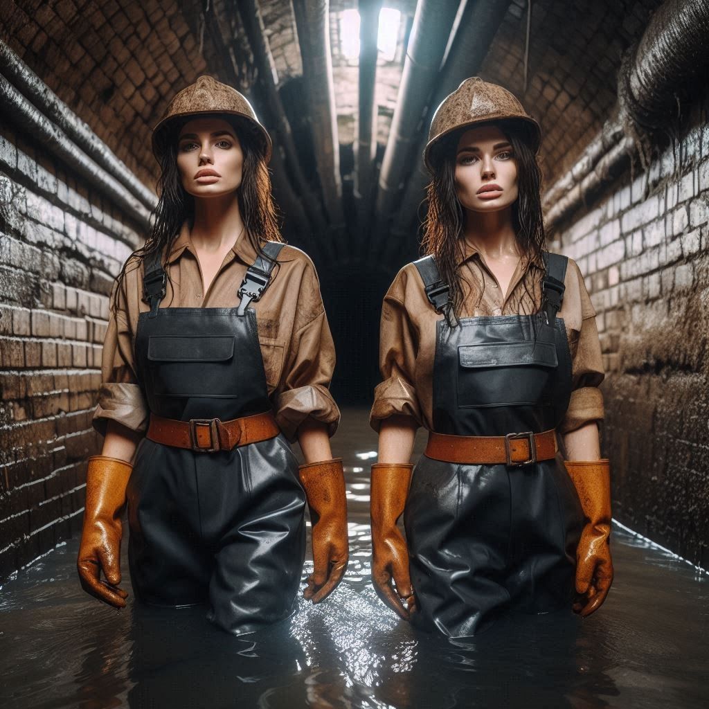 Two Female Sewer Workers Wade Through Knee-deep Water In A Wide Sewer 