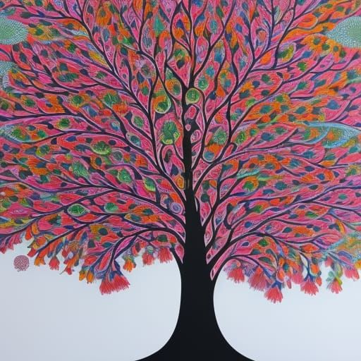A large detailed tree in the style of Johanna Basford drawin...
