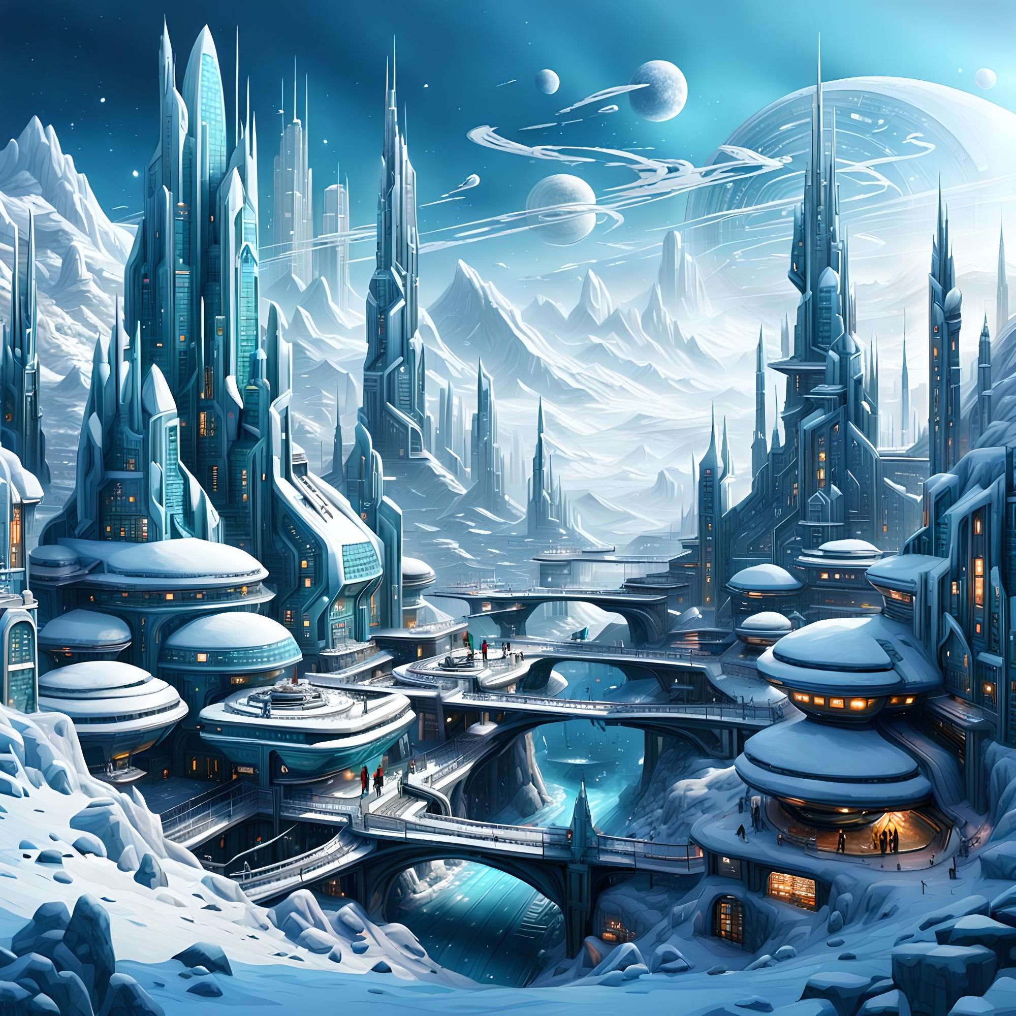 Icy, snow covered sci-fi cityscape