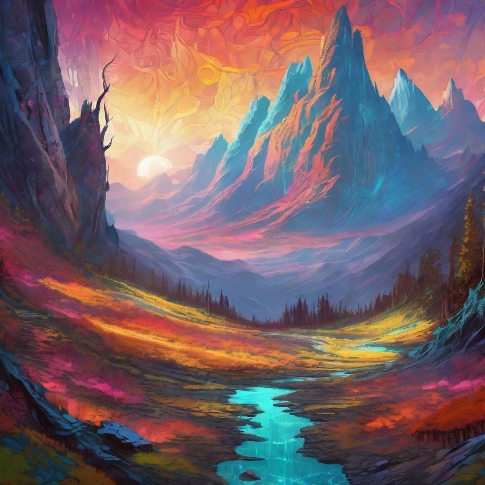 Otherworldly watercolor Landscape of a steam running through...