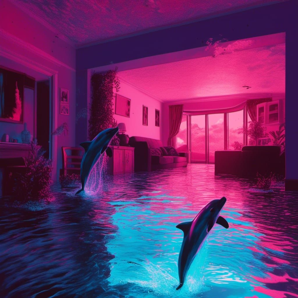 <lora:Sunken Suburb:0.7>
Submerged Vaporwave Liminal Dreamscape Suburb. Dolphin jumping inside the half-submerged living room, Submechanopho...