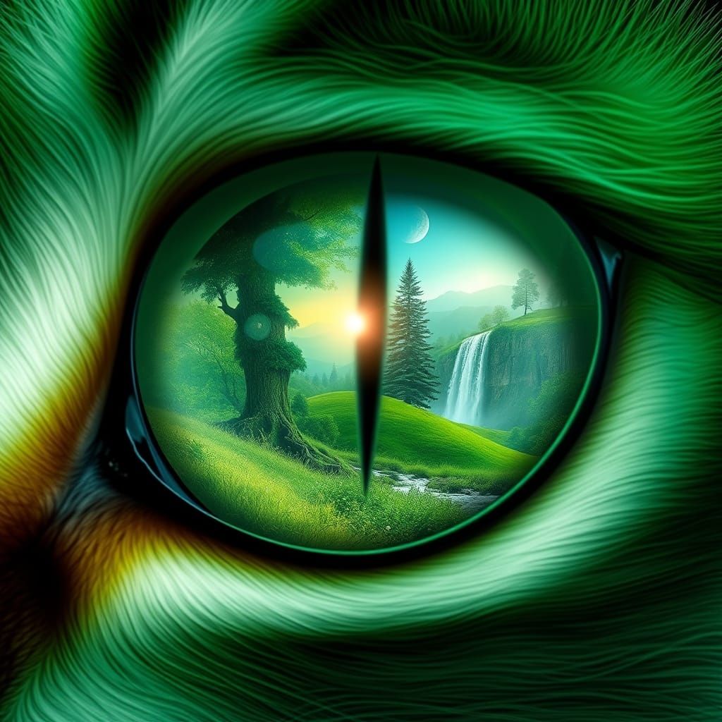 A large green cat's eye reflecting from the eye a beautiful green landscape  by @Yeshi Master