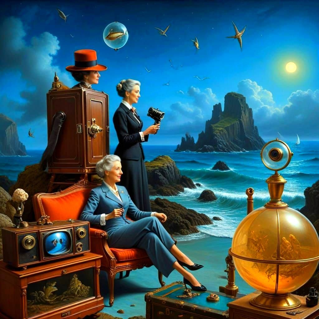 Surreal Ladies with Antiques in Dreamlike Seascape