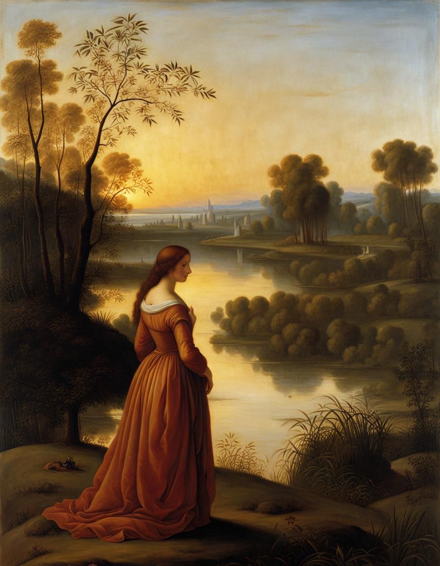 A beautiful woman at the riverbank at sunrise by Leonardo da...