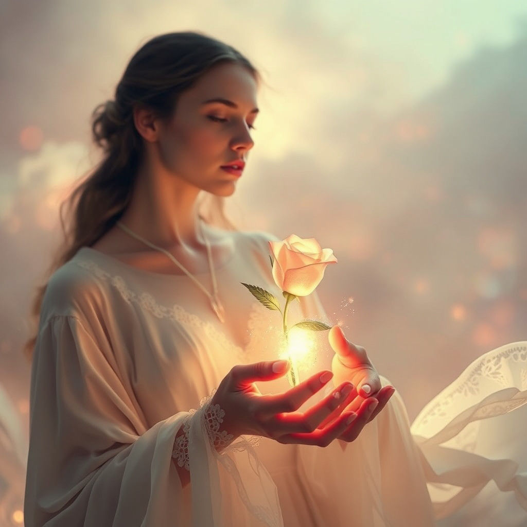 A beautiful woman holding a rose made of light