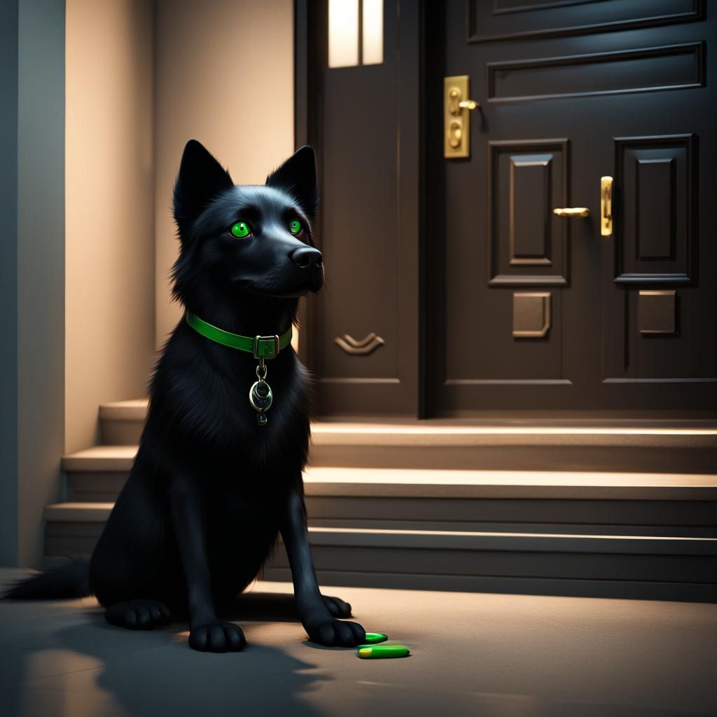 A Taiwanese black dog in a completely darkness but showing its green eyes  by @mansai