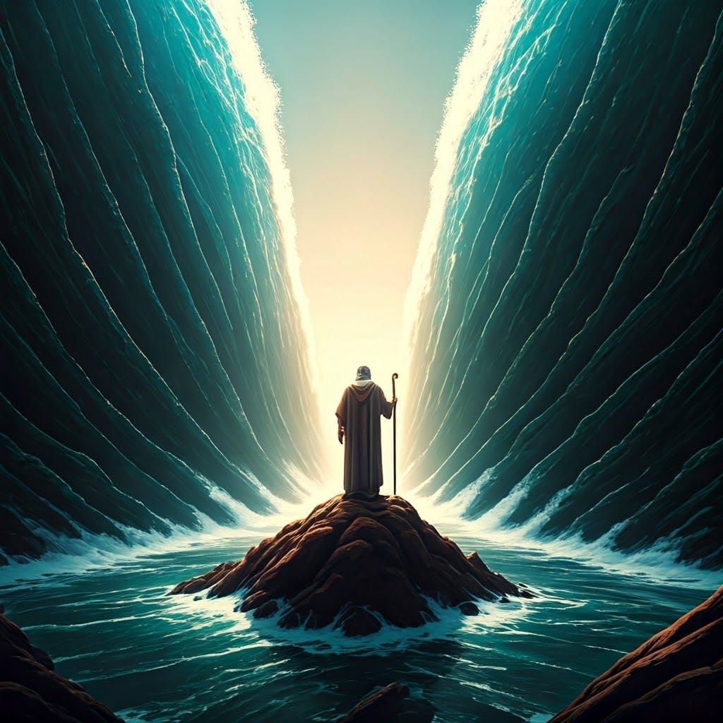 Moses Parting the Red Sea in Vibrant, Hyper-Realistic Style