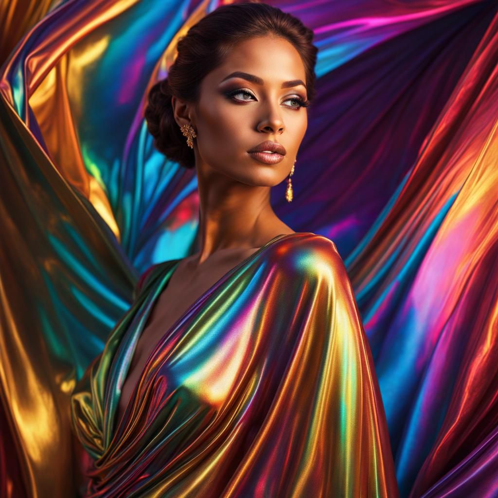 Dazzling creation featuring a beautiful woman draped in an iridescent dress, showcasing the vibrant and ...  by @BorderingBedlam