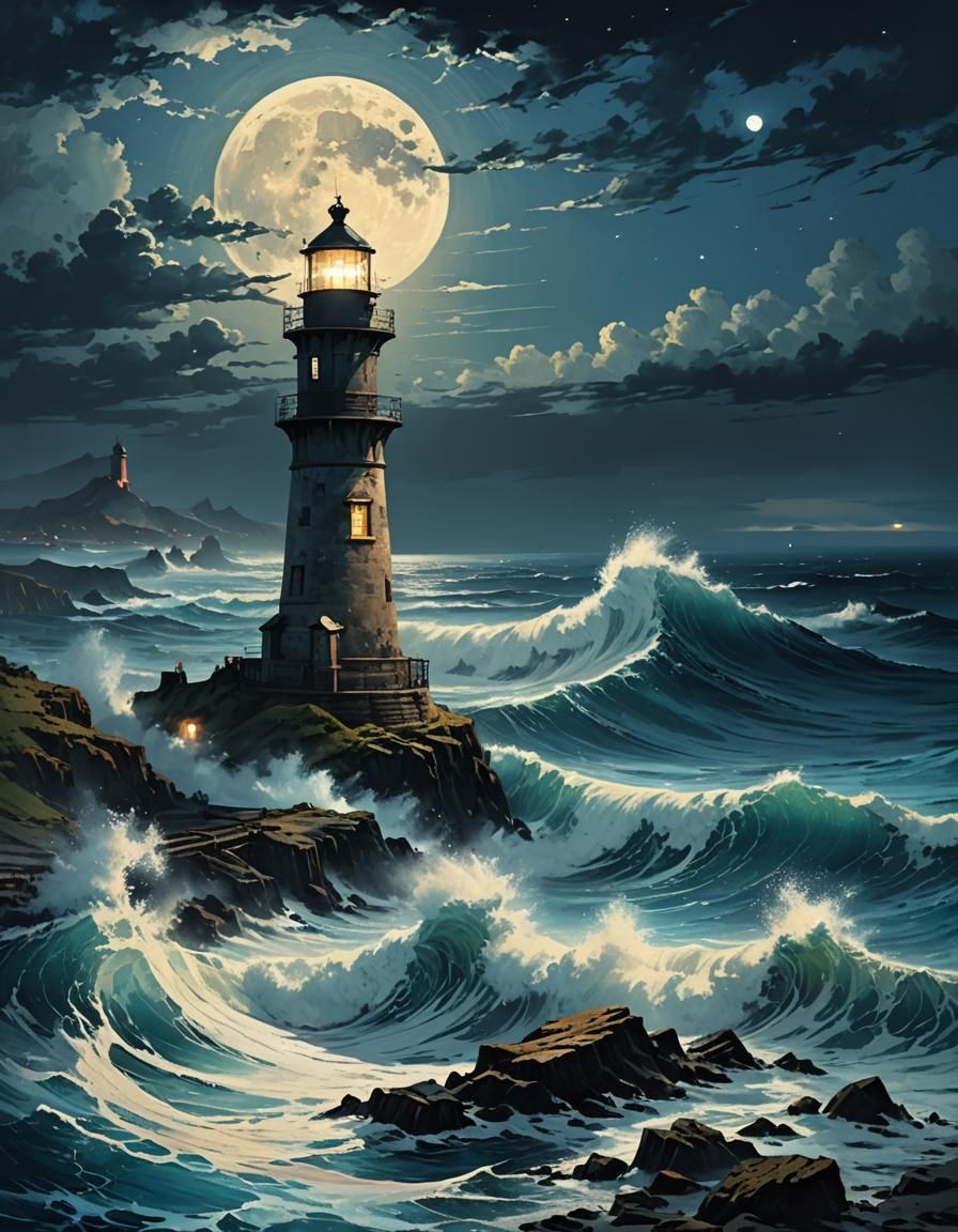 Old lighthouse at night under moonlight - AI Generated Artwork ...