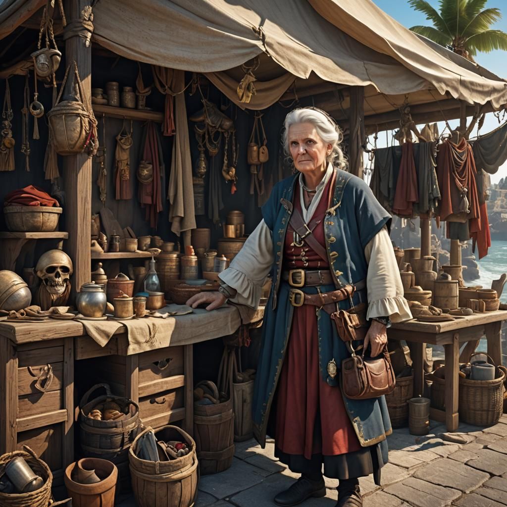 Medieval older lady shopkeeper at  a Seaside tent stall sell...