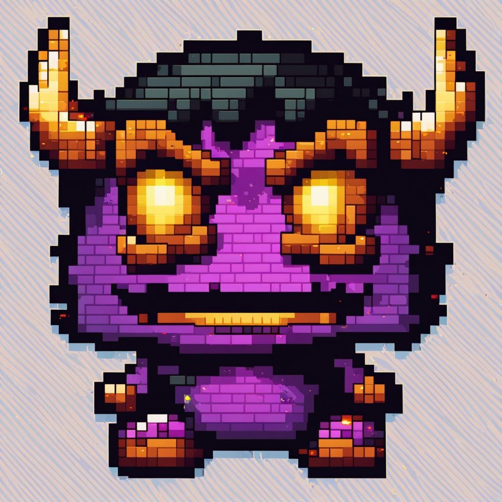 "ТОЧНО ТАКОЙ ЖЕ демон (фиолетовые рога, золотой нимб), но СЕЙЧАС:  
— Глаза прищурены на 50%  
— Рот ШИРОКО открыт (6 зубов + язык)  
— Голо...