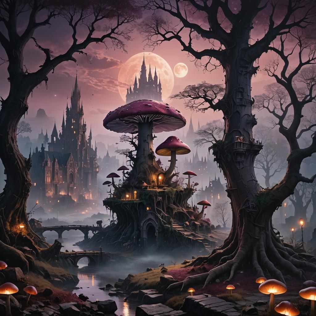 Mystical Mushroom Kingdom in Gothic Cityscape