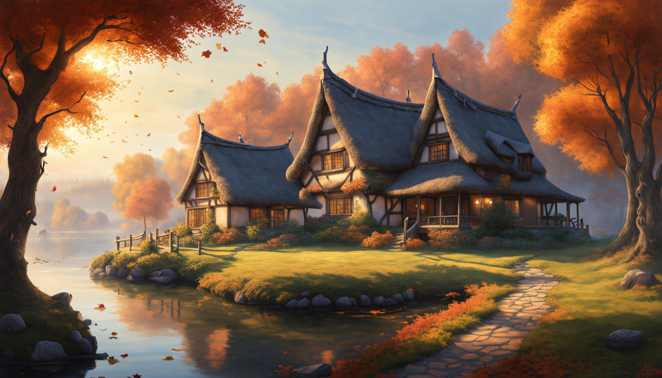 Hidden Village on Lake Shore in Ethereal Oil Painting