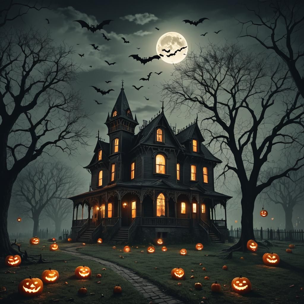 A Halloween night and there are bats in the sky and a haunted house  by @Frozen grapes queen
