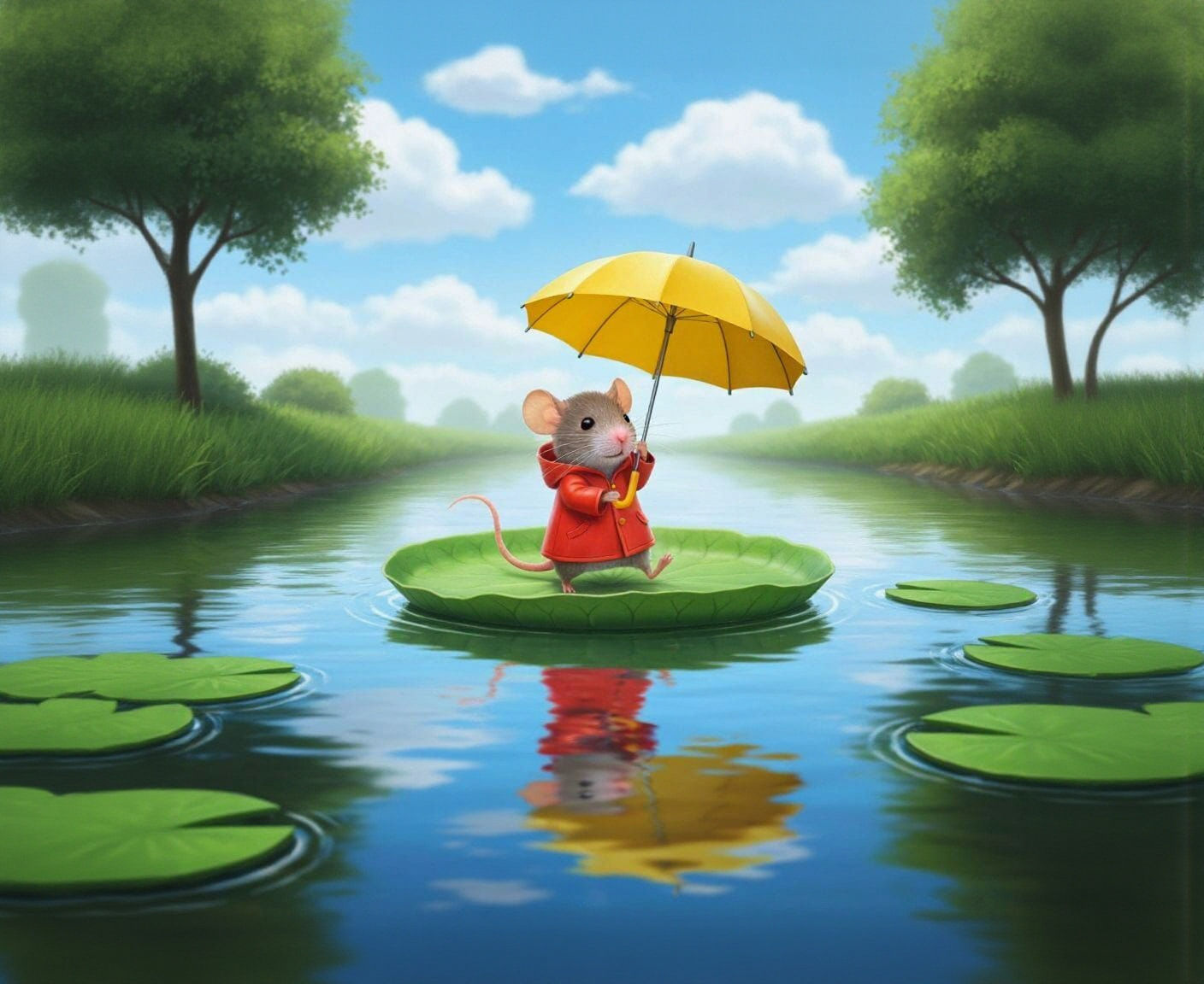 Mouse in a raincoat, with an umbrella, floating on a leaf boat, on a stream. 
