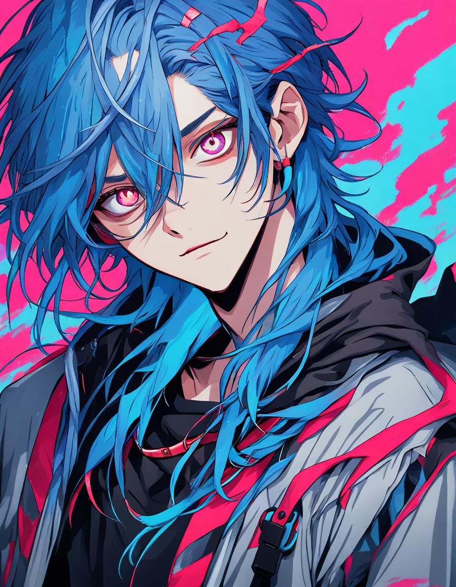 Boy with blue hair pink eyes