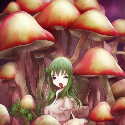 Premium Photo | Anime girl sitting on a mushroom with a cup of coffee  generative ai