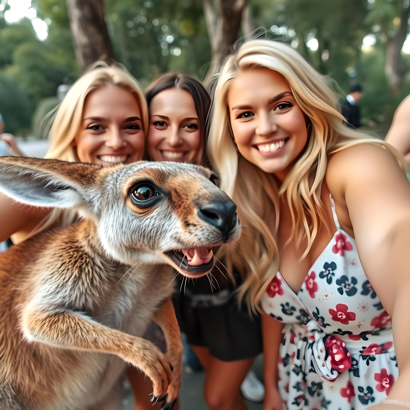"PhotoBomb 1" Three Women Out Clubbing Taking a Selfie with Angry Kangaroo threatening the blonde girl ...  by @Bill Wallace
