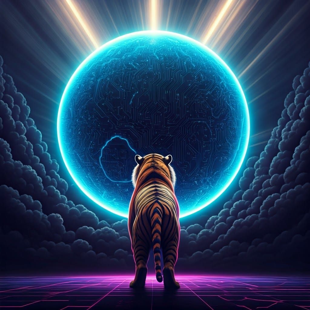 Neon Tiger Roaring at Earth in Synthwave Style