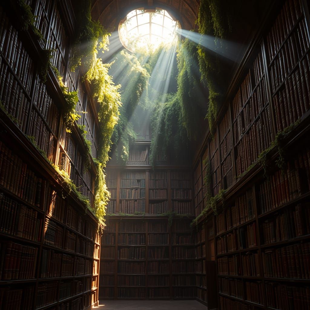A forgotten library with vines growing between the stacks. Rich dusty book covers. Rays of sun piercing ...  by @ophelia22
