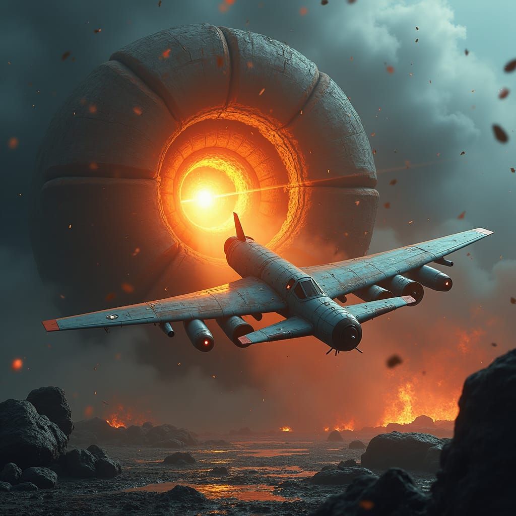 Futuristic Bomber Attacks Atomic Core in Matte Painting Styl...