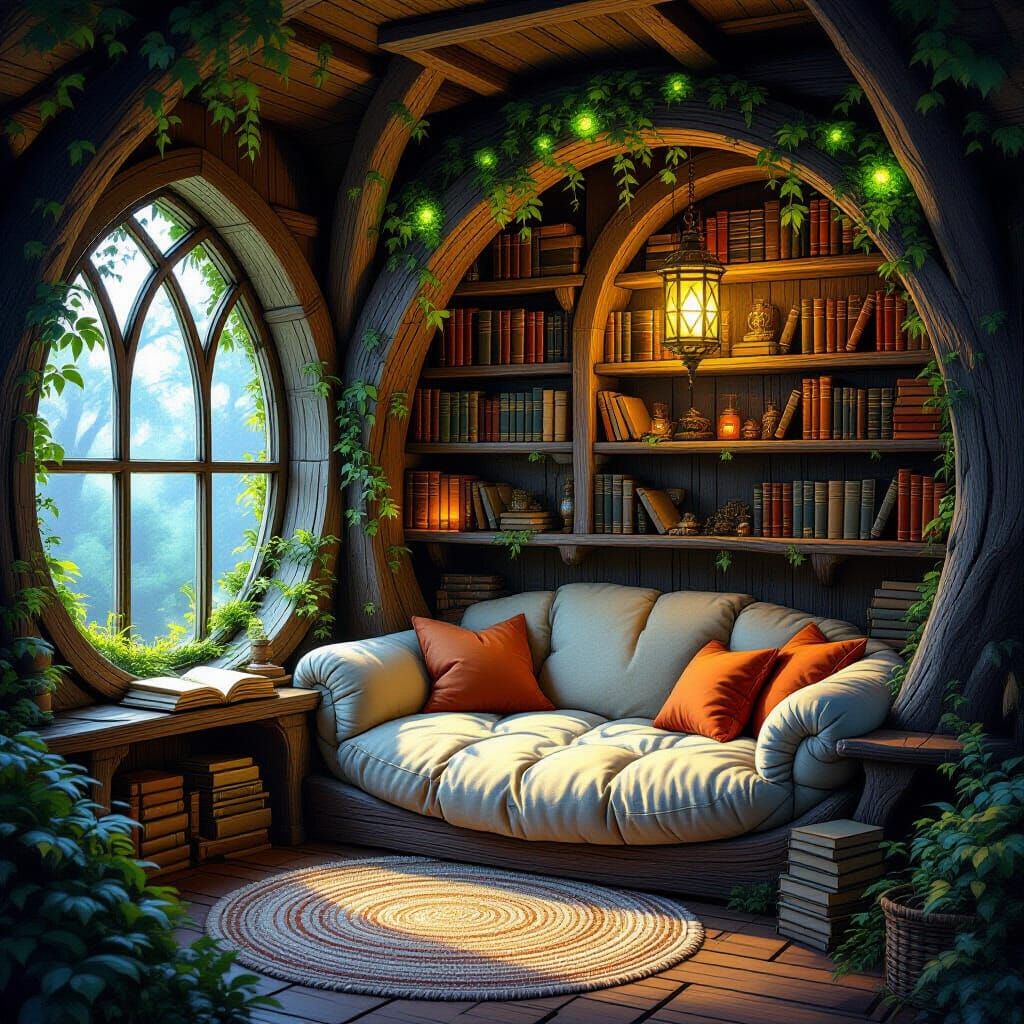 Cozy reading nook, a whimsical treehouse interior filled with shelves and comfortable seats  by @Hidden_Phantom