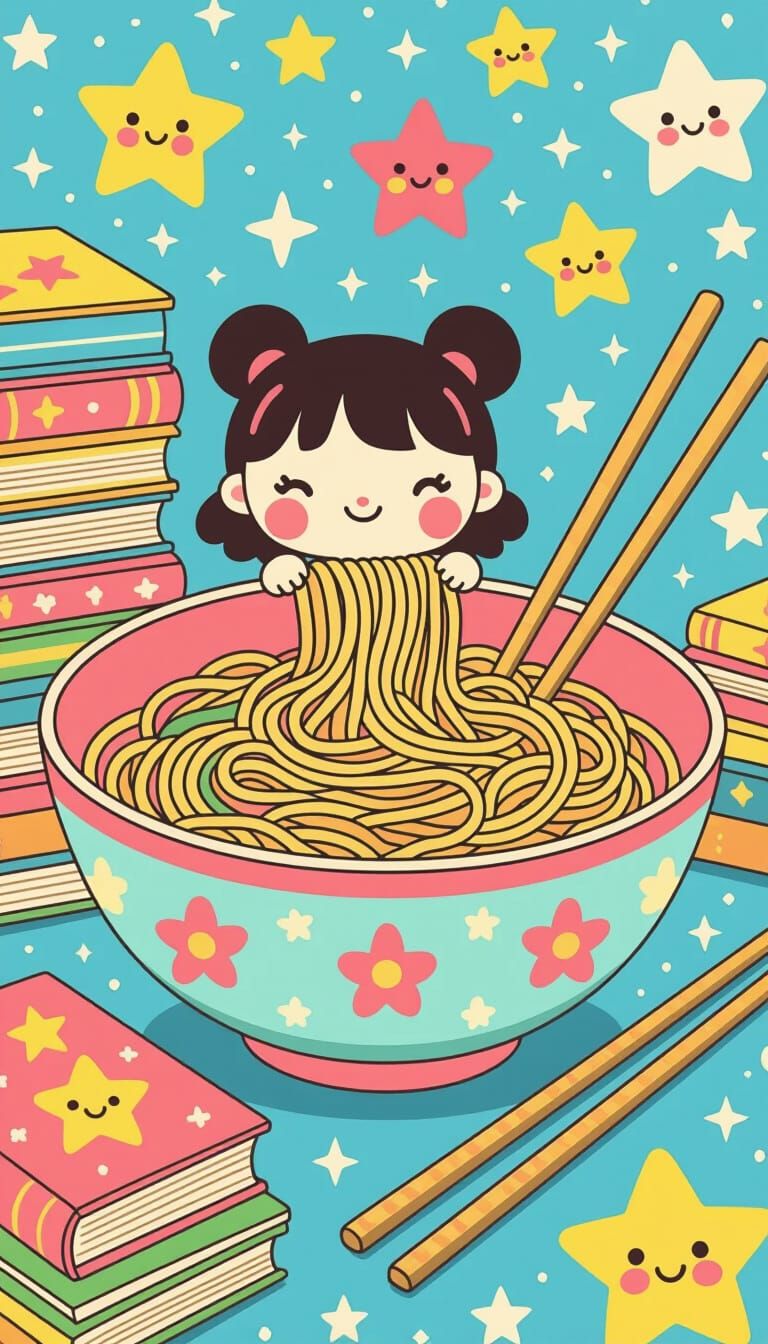 Kawaii cute noodles in a bowl with chop sticks, different books, and star shapes.