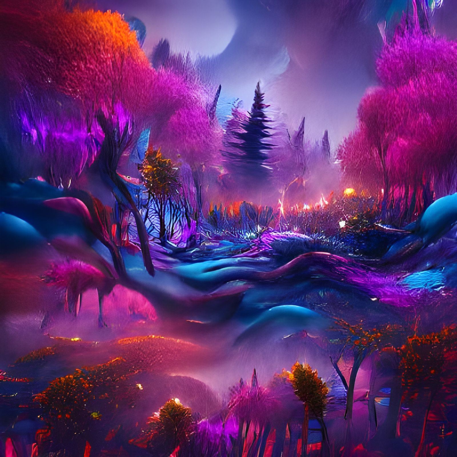 psychedelic night Forest with purple trees - AI Generated Artwork ...