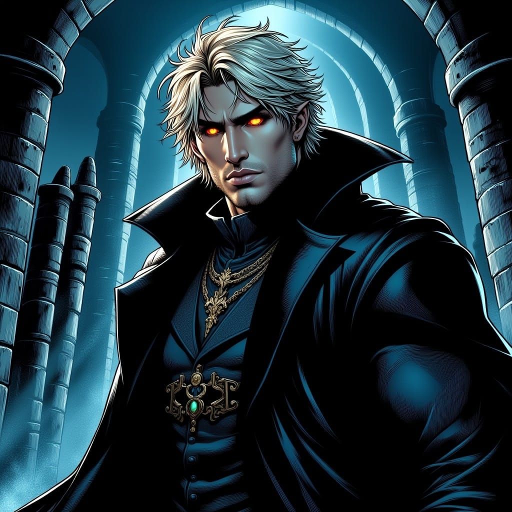 <lora:Flux Comicstyle:1.0> very close-up portrait of a beautiful, handsome, athletic male priest, shaggy icy-blond hair, full priest attire...