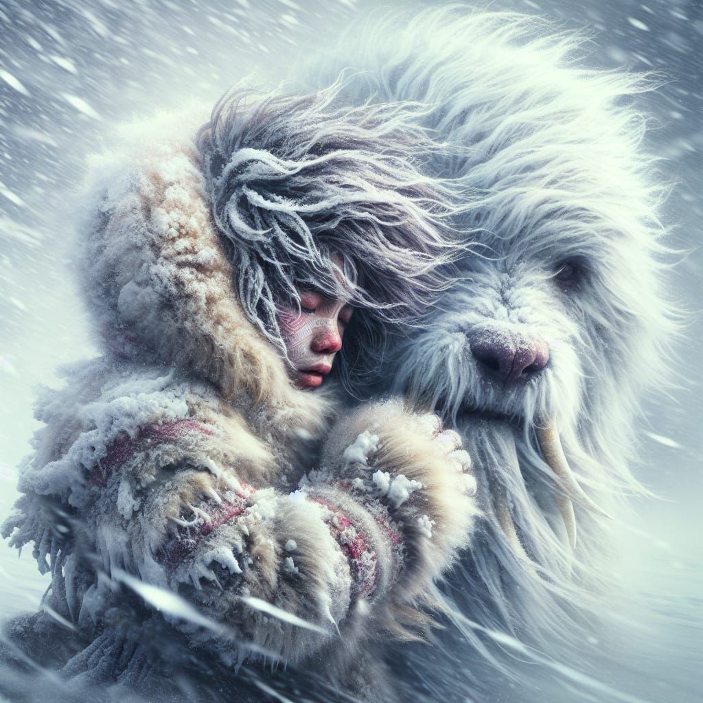 Inuit Girl and Snow Yeti in Blizzard