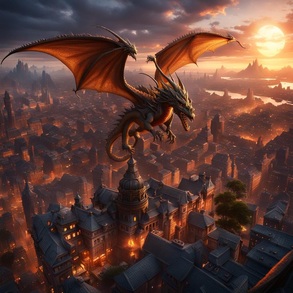 A city with a dragon flying above it as the sun sets
