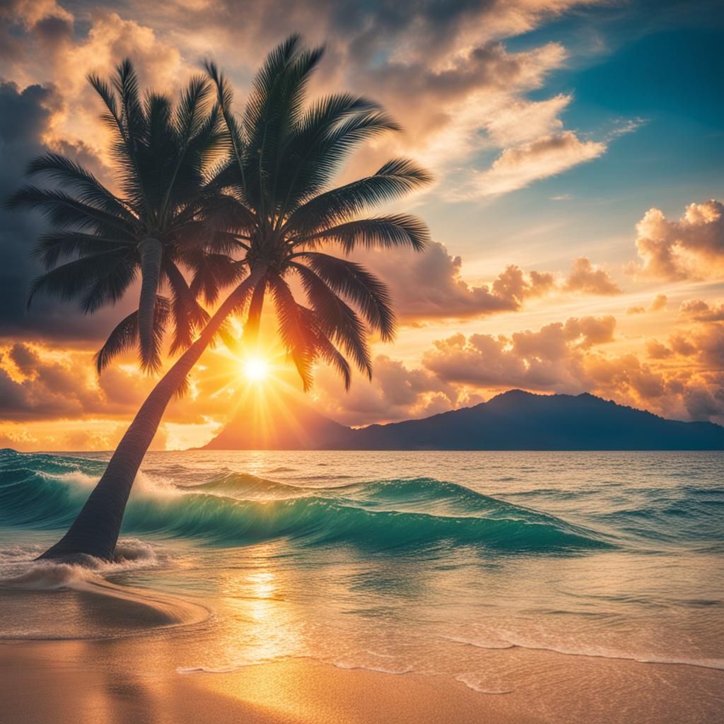 a beautiful ocean sunset on a peaceful island with palms tre...